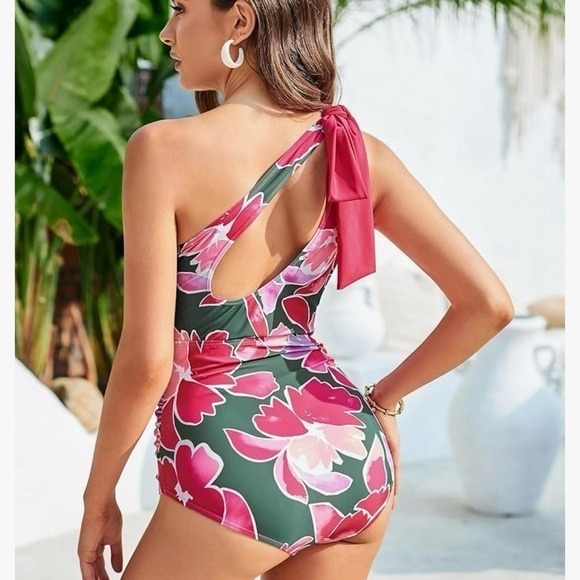 Grace Karin Womens Floral One Shoulder Swimsuit Tie Ruched Tummy Control 2XL New - Picture 2 of 8